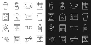 Çizgi kahve makinesi, sütlü bir şişe, paket kahve makinesi, V60 kahve makinesi, torba fasulyesi, kağıt filtresi, milkshake ve ikon. Vektör