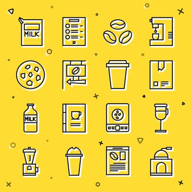 El yapımı kahve öğütücü, İrlandalı, Torba fasulyesi, Kahve, Sokak tabelası, Kurabiye ya da bisküvi, süt ve fincanın simgelenmesi için kağıt paket. Vektör