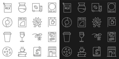 Set hattı kahve dükkanı, gazete ve kahve, sokak tabelası, sokak kamyonu makinesi, filtre, tatlı jöleli çörek, süt ve madalya ikonu için kağıt paket. Vektör