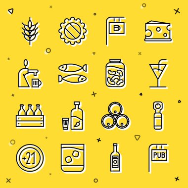 Bar, şişe açacağı, kokteyl, bar, kurutulmuş balık, bira bardağı, kavanoz ikonunda salatalık turşusu ve salatalık. Vektör