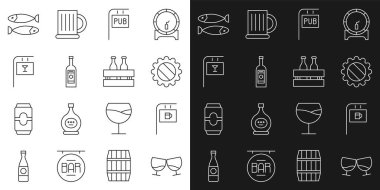 Barla, şişe kapağıyla, barla, şişeyle, votkayla, kurutulmuş balıkla ve bira şişeleriyle dolu bir tabela. Vektör