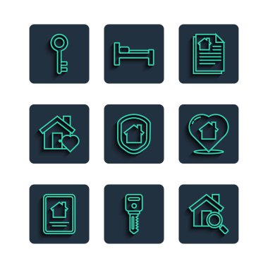 Online emlak evi, ev anahtarı, arama, sözleşme, koruma altında, kalp şeklinde ve ikon. Vektör