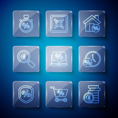 Hat kredisi, alışveriş arabası, Euro sembollü madeni para, House percant indirimi, yüzde ve dizüstü bilgisayar, büyüteç, Kronometre ve saat simgesi. Vektör