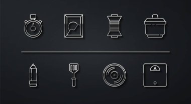 Çizgi Stopwatch, silgiyle kalem, pişirme kabı, vinil disk, Spatula, resim manzarası, banyo terazisi ve makara simgesine dikiş ipliği. Vektör