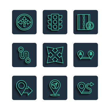 Hat konumu, güzergah konumu, paralı yol trafik levhası, yol ve simge. Vektör