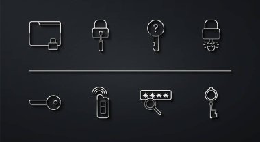 Satır dizinini ayarla ve kilitle, Anahtar, asma kilit, parola koruması, uzaktan kumandalı araba anahtarı, eski ve tanımlanmamış simge için maymuncuk. Vektör