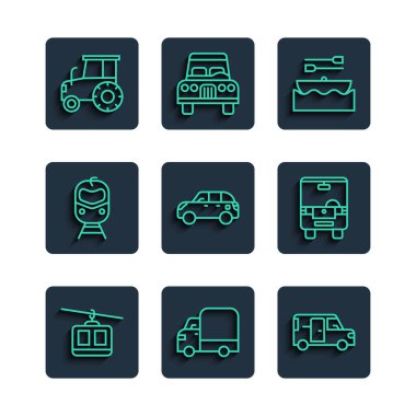 Kablo TV, kargo kamyonu, Minibus, kürekli tekne, Hatchback, tren ve tren yolu, traktör ve otobüs ikonu. Vektör