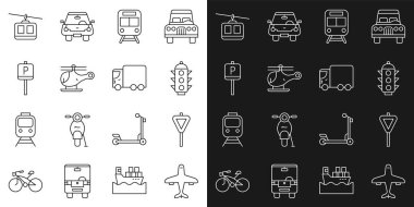 Uçak, trafik ışığı, tren ve demiryolu, helikopter, park yeri, kablo araba ve kargo kamyonu ikonu. Vektör