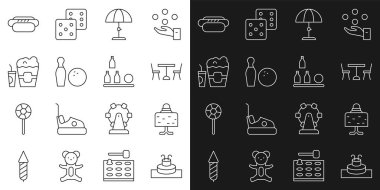 Set Pınarı, Masada Sihirli Top, Sandalyeli Piknik, Güneş koruyucu şemsiyeli Bowling broşu ve Patlamış Mısır kutusu camı, Hotdog ve Şişe ikonu. Vektör