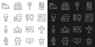 Su, trafik levhası, eğlence parkı haritası, lolipop, kutuda patlamış mısır ve sıcak hava balonu, oyuncak tren ve reklam panosu ikonu. Vektör