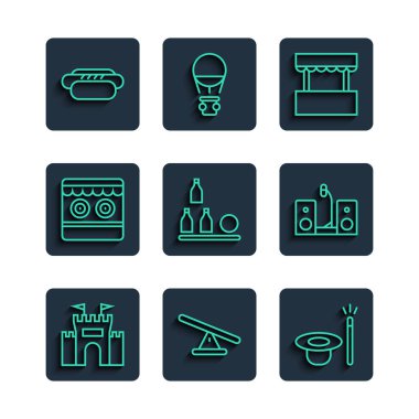 Set hattı Castle, Tahterevalli, sihirli şapka ve değnek, bilet gişesi, şişe topu, atış galerisi, iki hoparlörlü Hotdog ve ev teybi. Vektör