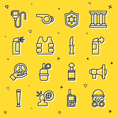 Gaz maskesi, megafon, biber gazı, polis rozeti, kurşun geçirmez yelek, telsiz ve askeri bıçak ikonu. Vektör