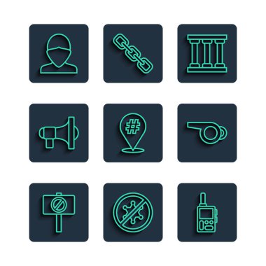 Protesto hattı, telsiz, hapishane penceresi, megafon, Vandal ve Islık simgesi. Vektör