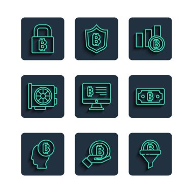 Bitcoin düşünme, el ele tutma, bitcoin 'li satış hunisi, turta grafiği bilgileri, monitör, video kartı, kilit ve kripto para birimi simgesinden madencilik. Vektör