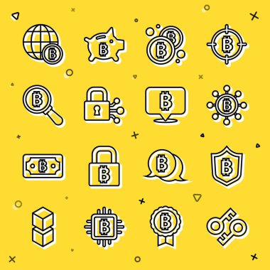 Kripto para birimi anahtarı, bitcoin ile kalkan, Blockchain teknolojisi Bitcoin, Lock, büyüteç, Globe ve ikon. Vektör