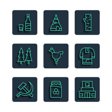 Set hattı, çekiç ve orak SSCB, bal kavanozu, anıt Lenin, huş ağacı, horoz lolipop, Noel, cam ve Kosovorotka ikonu. Vektör