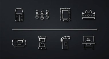 Orta Çağ demir miğferi, müze bileti, kral tacı, yangın söndürücü, kırık kadim sütun, ip bariyeri, sergi için cam vitrin ve resim ikonu. Vektör