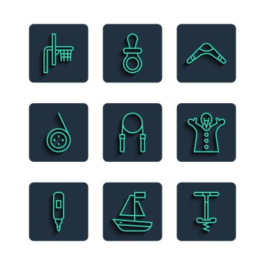 Çizgili kalem, oyuncak bot, Pogo çubuklu zıplama oyuncağı, bumerang, ip atlama, Yoyo, basketbol arka tahtası ve el ikonu. Vektör