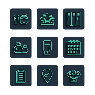 Set hattı spor eğitim programı, konum spor salonu, vücut geliştirici kas, soyunma odası, boks eldiveni, kettlebell, spor beslenme ve takvim fitness ikonu. Vektör