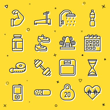 Kalp atış hızı, eski kum saati, takvim fitness, duş başlığı, spor ayakkabıları, spor beslenme, vücut geliştirme kası ve ağırlık simgesi olan metal raf. Vektör