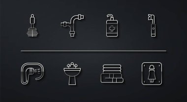 Hat hattı tuvalet fırçası, duş, elektrikli diş fırçası, havlu yığını, çeşmeli lavabo, endüstriyel metal boru, kadın tuvaleti ve el dezenfektanı ikonu. Vektör