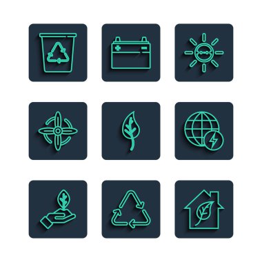 El yapımı bitki, geri dönüşüm sembolü, çevre dostu ev, güneş enerjisi paneli, yaprak ya da yapraklar, rüzgar türbini, geri dönüşümlü ve küresel güç gezegen ikonu. Vektör