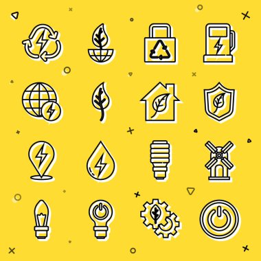 Hat düğmesi, rüzgar türbini, yapraklı kalkan, kağıt torba geri dönüşümü, yaprak ya da yapraklar, küresel enerji güç gezegeni, batarya ve çevre dostu ev ikonu. Vektör