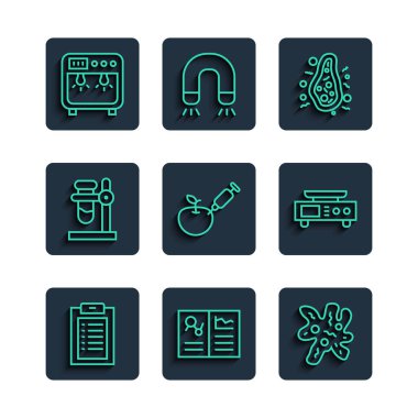 Hücre, Bakteri, Genetik olarak modifiye edilmiş elma, deney tüpü şişesi, biyo-sosyal kutu ve elektronik ölçek ikonu. Vektör