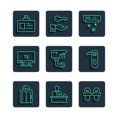 Hattı kaldır, otel resepsiyonu, terlikler, klima, güvenlik kamerası, akıllı televizyon, kimlik kartı ve kapı kolu ikonu. Vektör