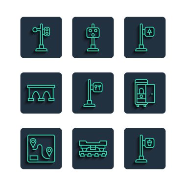 Rotayı ayarla, yük vagonu, kafe ve restoran, trafik levhası, köprü, tren ışığı ve araba ikonu. Vektör