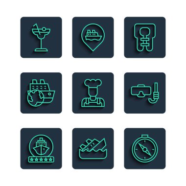 Hat gezisi gemisi, batan gemi, pusula, can yeleği, aşçı, kokteyl ve dalış maskesi ve şnorkel ikonu. Vektör