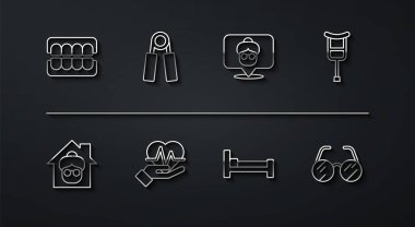 Sahte çene, huzurevi koltuk değnekleri, koltuk değnekleri, yatak, kalp atışı, spor açıcı, gözlük ve ikon. Vektör