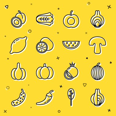 Sabit çizgi soğan, karpuz, mantar, şeftali, kivi, limon, erik ve ikon. Vektör