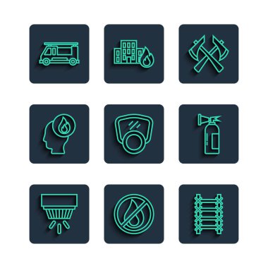 Yangın alarmı yok, yangın çıkışı yok, itfaiyeci baltası, gaz maskesi, kamyon ve yangın söndürme ikonu. Vektör