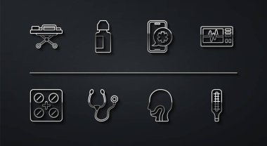 Halat gerici, su toplayıcı, kardiyogramlı monitör, boğaz ağrısı, stetoskop, göz damlası şişesi, medikal termometre ve acil durum telefon çağrı ikonu. Vektör
