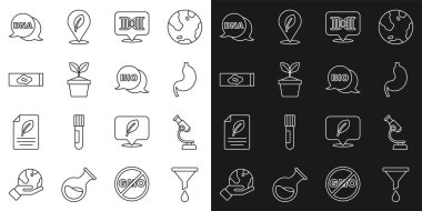 Hat hunisi, filtre, mikroskop, insan midesi, DNA sembolü, saksıya bitki, kan testi ve virüs ve biyosağlıklı gıda ikonu. Vektör