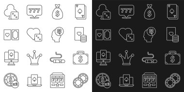 Kumarhane fişleri, evrak çantası ve para, iskambil kartları, para çantası, zar oyunu, yonca ikonlu kumar makinesi. Vektör