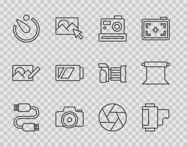 USB kablo, kamera rulo kartuşu, fotoğraf makinesi, zamanlayıcı, batarya, deklanşör ve boş fotoğraf stüdyosu simgesi ayarla. Vektör