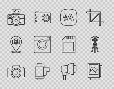 Fotoğraf makinesi, çerçeve, otomatik flaş, kamera rulo kartuşu, Softbox ışığı ve simgesiyle ayarla. Vektör