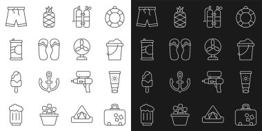 Sıralı bavul, tüpte güneş kremi, kum kovası, Aqualung, Flip flops, soda kutusu, yüzme şortu ve elektirikli fan ikonu. Vektör