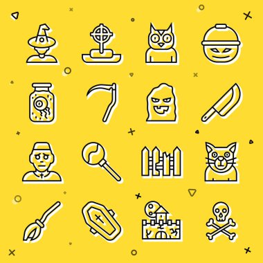 Kurukafa, Kedi, Bıçak, Baykuş, Tırpan, Kavanozdaki Göz, Cadı ve Komik ve Korkunç Hayalet Maskesi ikonu. Vektör