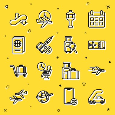 Uçak, uçak bileti, havaalanı kontrol kulesi, makas yok, pasaport yok, yürüyen merdiven yok ve kayıp bagaj ikonu. Vektör