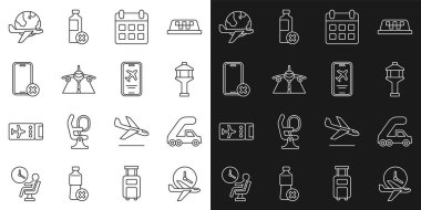 Uçuş süresini ayarla, yolcu merdiveni, havaalanı kontrol kulesi, takvim ve uçak, uçak, cep telefonu yok, uçuş ve mobil bilet ikonu olan dünya. Vektör