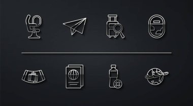 Sıralı uçak koltuğu, valizli taşıyıcı bant, pencere, su şişesi yok, pasaport, kağıt uçak, Globe uçuşu ve kayıp bagaj ikonu. Vektör