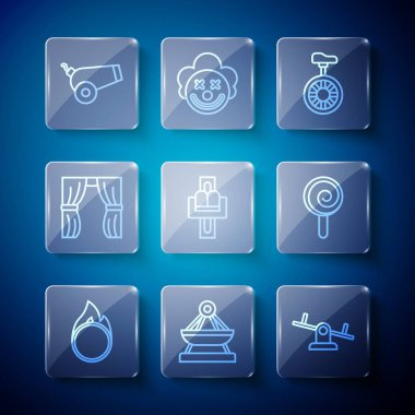 Sirk ateş çemberi, salıncak, tahterevalli, tek tekerlekli bisiklet, atlıkarınca, perde yükselmesi, top ve lolipop ikonu. Vektör