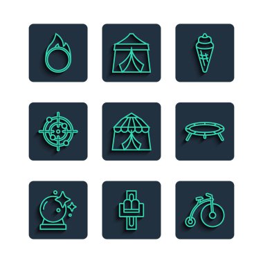 Sihirli top, atlıkarınca, klasik bisiklet, dondurma külahı, sirk çadırı, hedef sporu, ateş çemberi ve zıplayan trambolin ikonu. Vektör