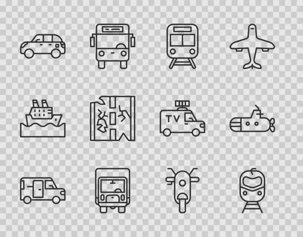 Набор Линии Микроавтобус Поезд Железная Дорога Доставка Грузовой Грузовик Хэтчбэк — стоковый вектор