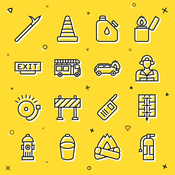 Hat yangın söndürücü, tahliye planı, itfaiyeci, teneke yakıt, kamyon, çıkış, metal mızrak direği ve yanan araba ikonu. Vektör
