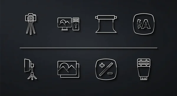 采购产品设置线摄影相机 软盒灯 自动闪光 曝光补偿 空照片工作室图标 — 图库矢量图片
