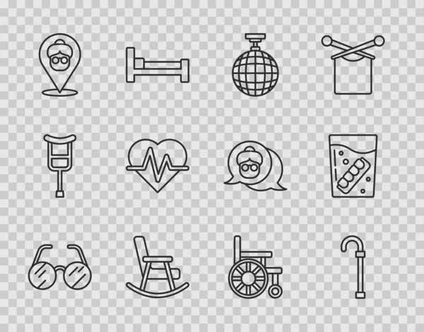 Set line Eyeglasses, Walking stick cane, Disco ball, Rocking chair, Nursing home, Heart rate, Wheelchair and False jaw icon. Vector — Stock Illustration Set Line Eyeglasses Walking Stick Cane Disco Ball Rocking Chair Royalty Free Stock Illustrations